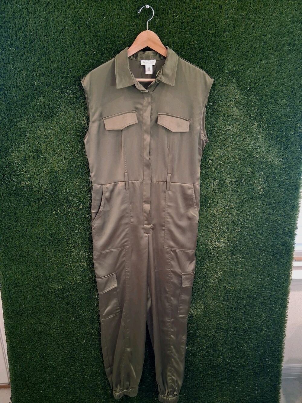 Rachel Zoe Olive Green Satin Utility Jumpsuit Sleeveless Cargo Jogger Size 10